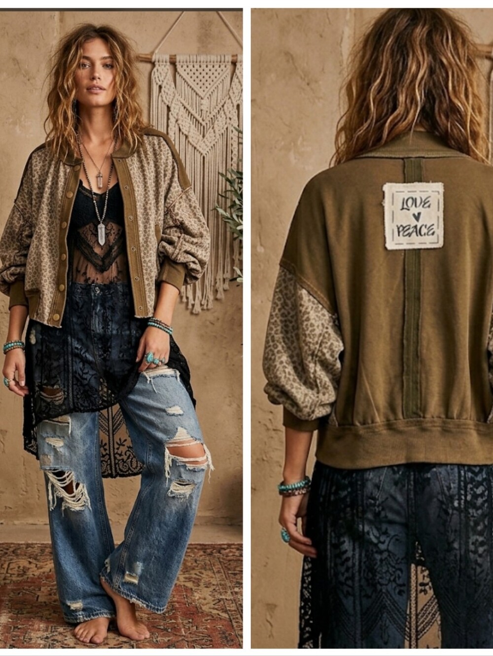 Vintage Wash Leopard Distressed Bomber Jacket